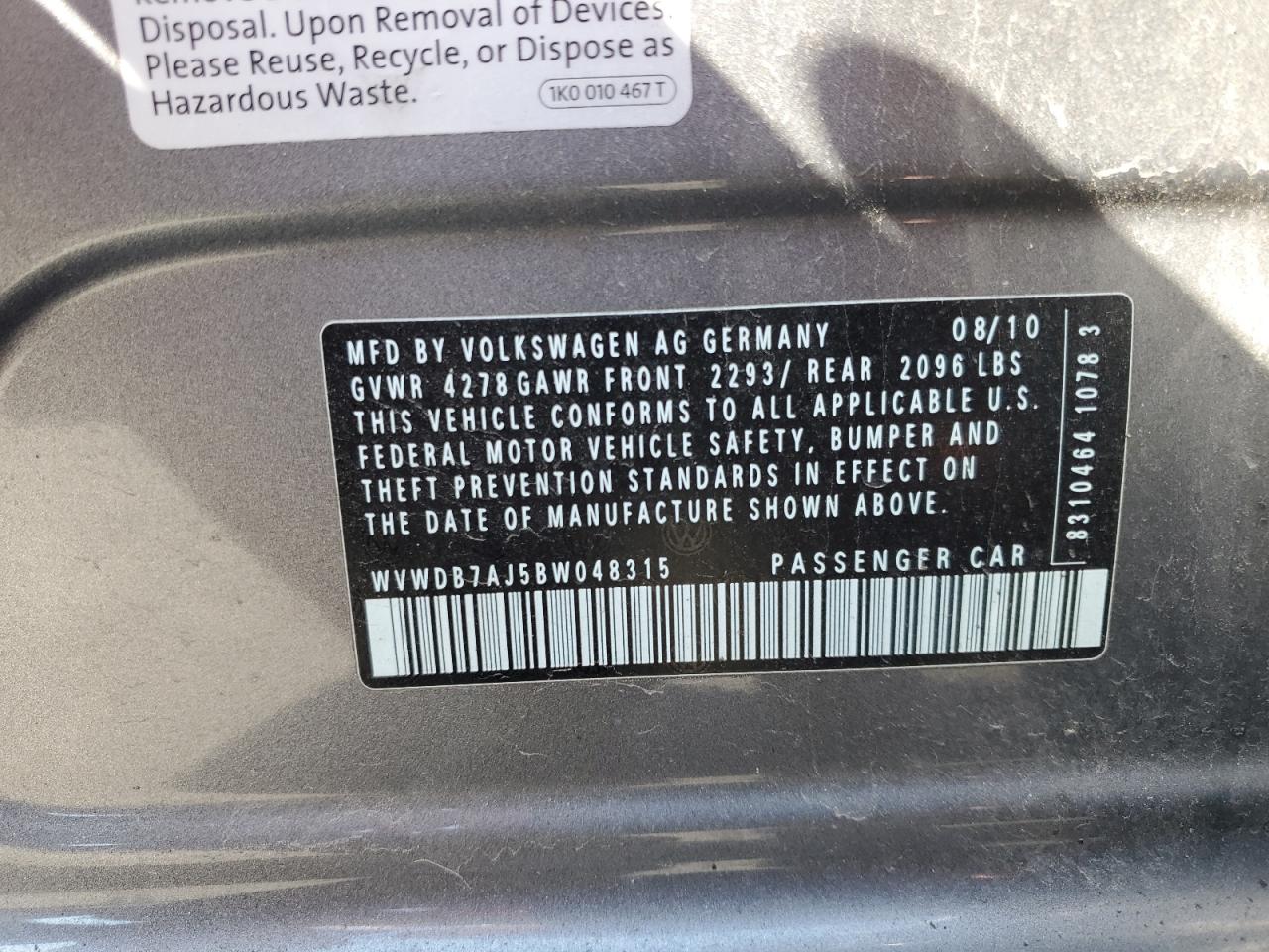 2011 Volkswagen Golf VIN: WVWDB7AJ5BW048315 Lot: 90893695