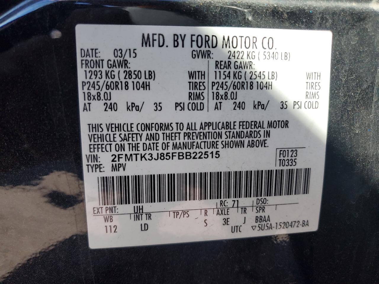 2015 Ford Edge Sel VIN: 2FMTK3J85FBB22515 Lot: 86063085