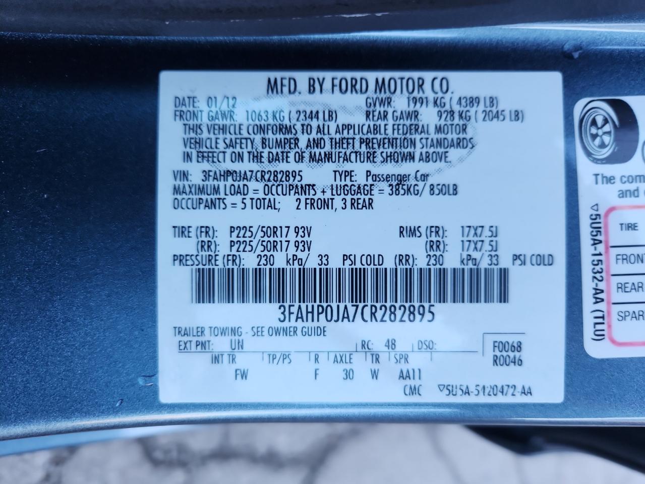 2012 Ford Fusion Sel VIN: 3FAHP0JA7CR282895 Lot: 82545365