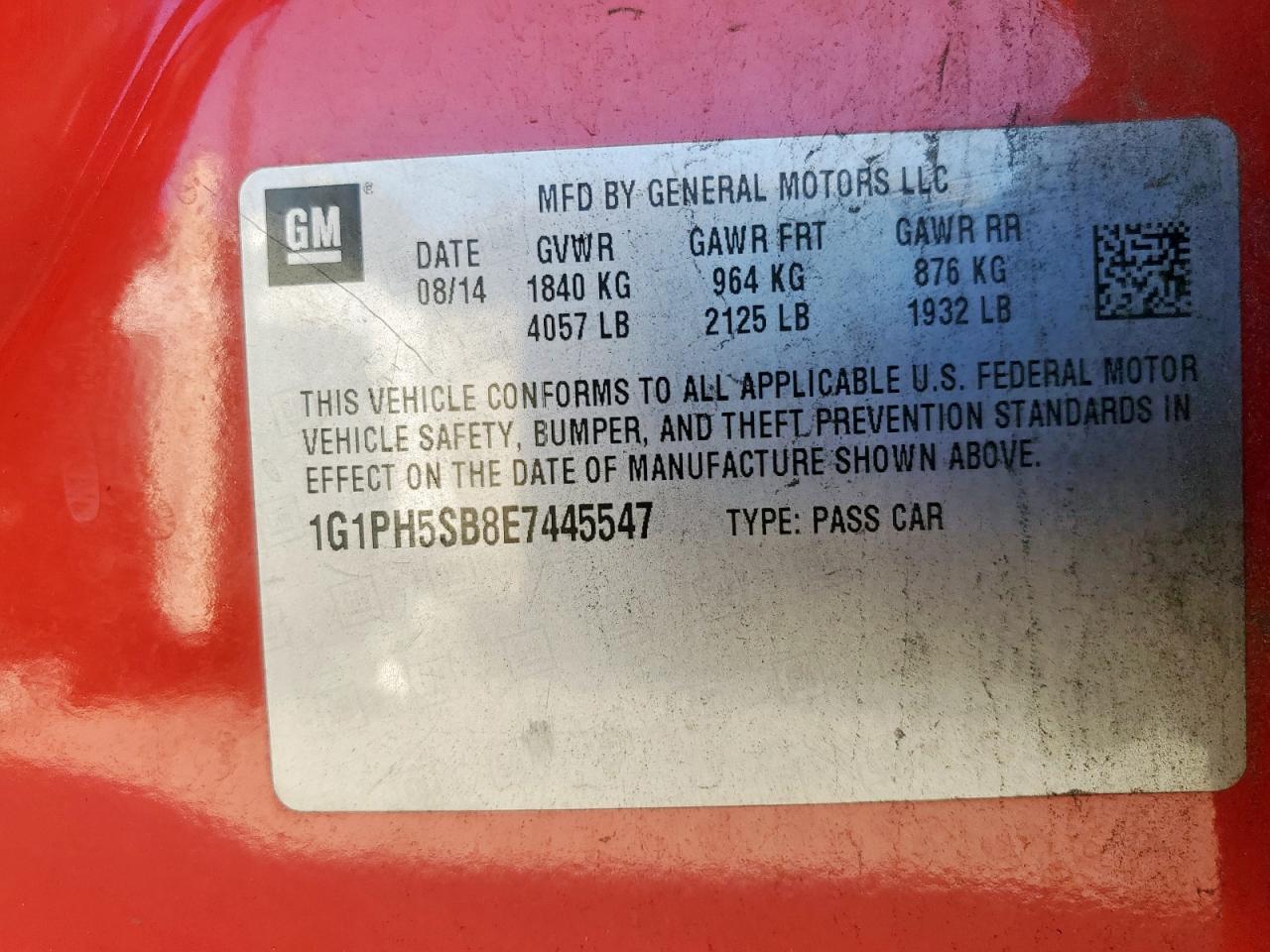 2014 Chevrolet Cruze Eco VIN: 1G1PH5SB8E7445547 Lot: 84943215