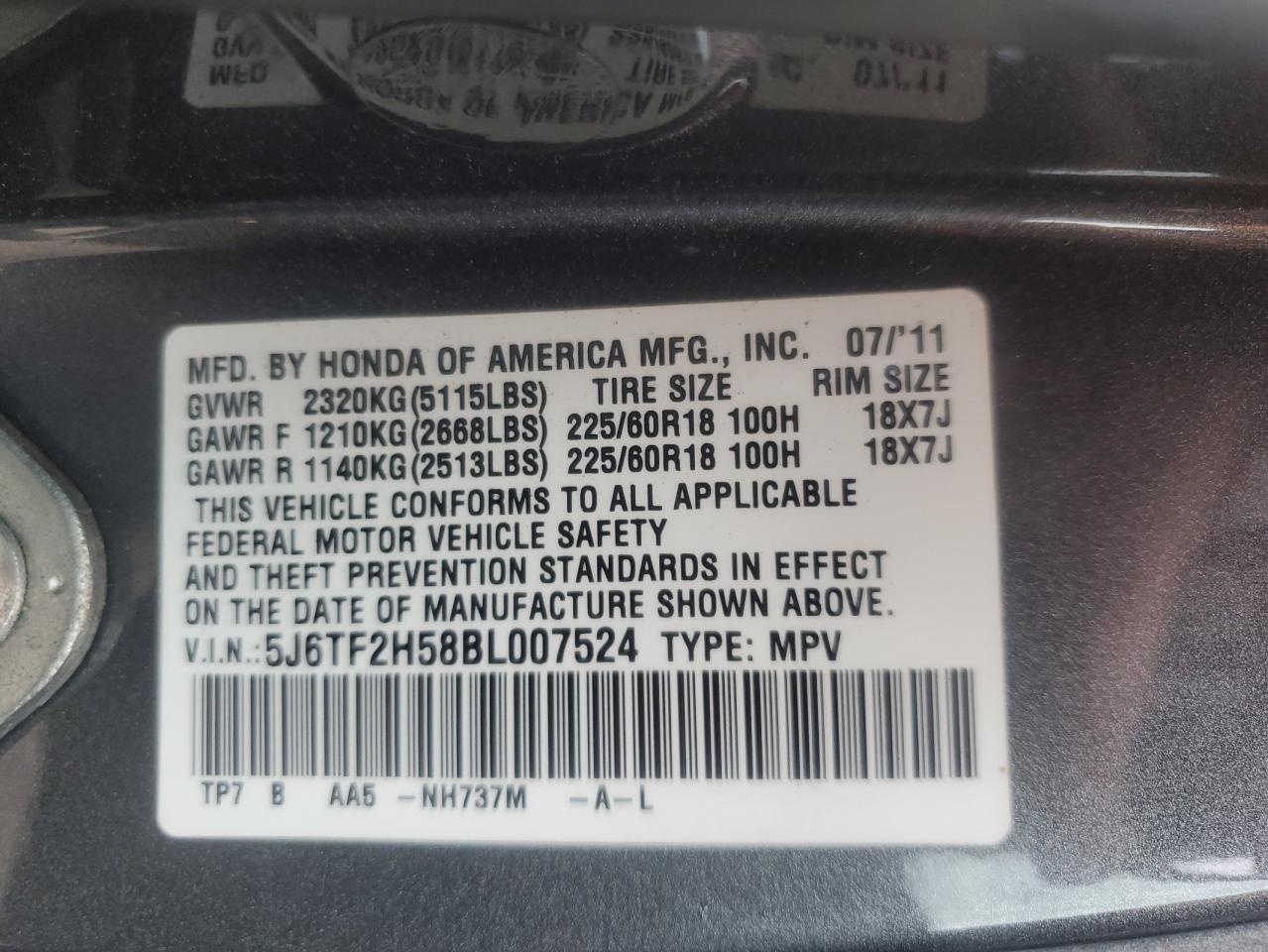 2011 Honda Accord Crosstour Exl VIN: 5J6TF2H58BL007524 Lot: 86249635