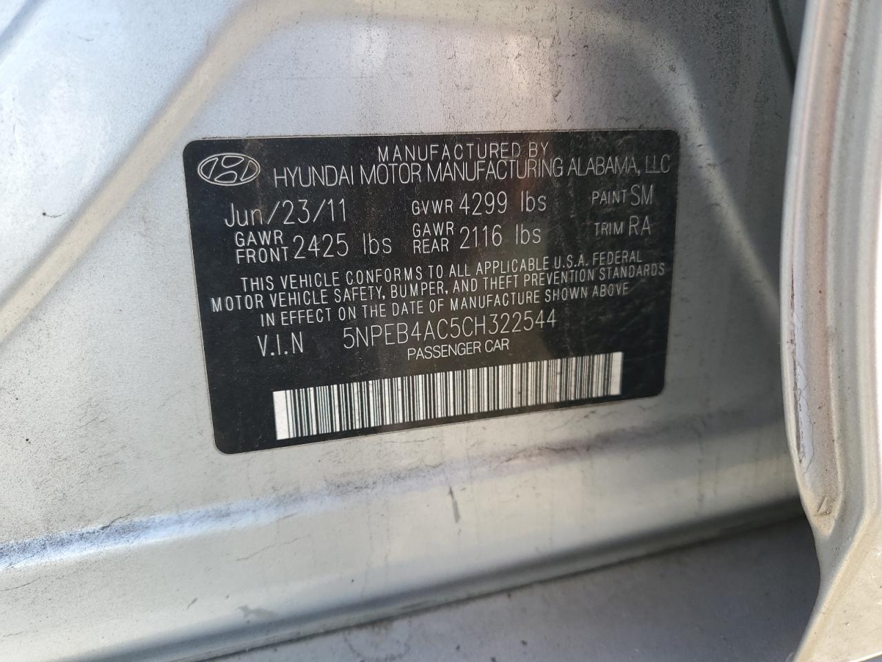 2012 Hyundai Sonata Gls VIN: 5NPEB4AC5CH322544 Lot: 85690835