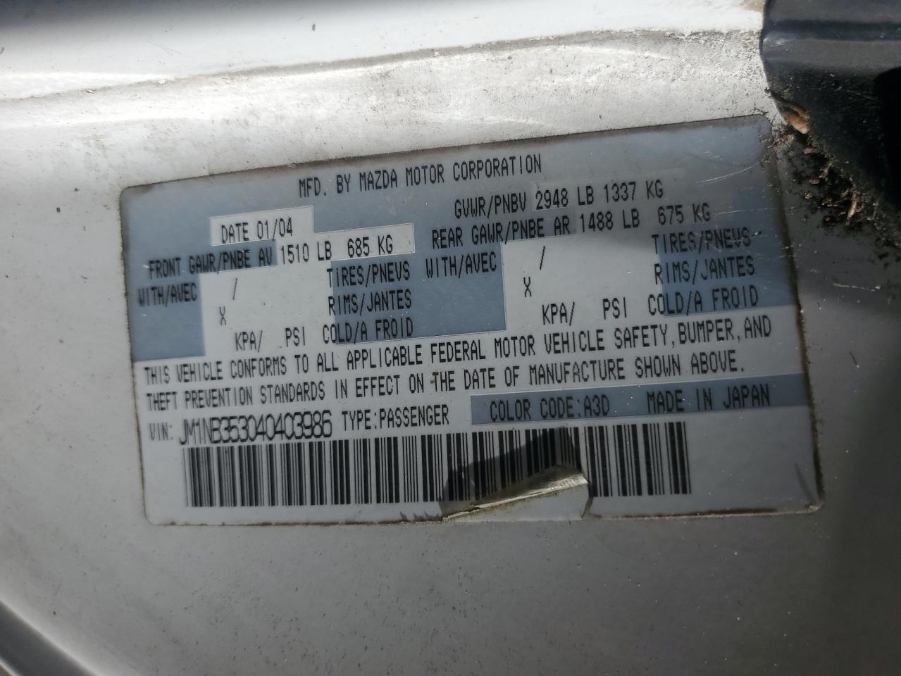 2004 Mazda Mx-5 Miata Base VIN: JM1NB353040403986 Lot: 91016965