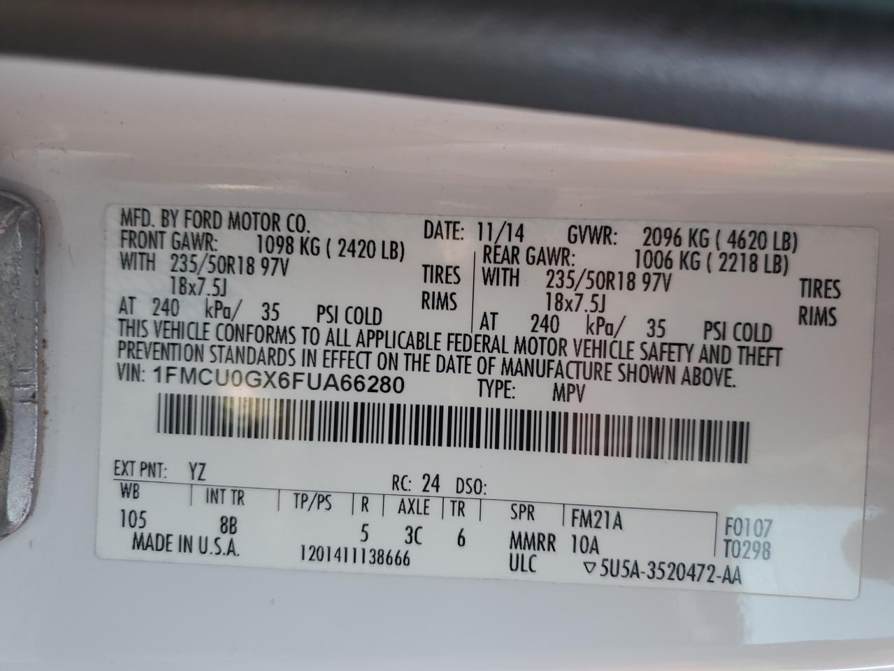 2015 Ford Escape Se VIN: 1FMCU0GX6FUA66280 Lot: 87288125