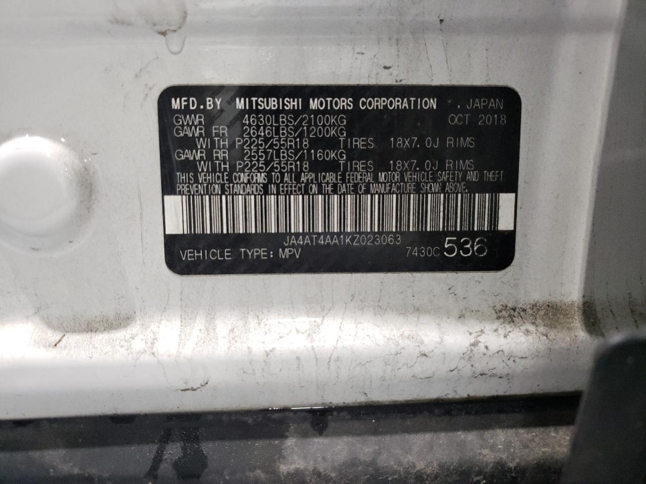 2019 Mitsubishi Eclipse Cross Le VIN: JA4AT4AA1KZ023063 Lot: 90320935