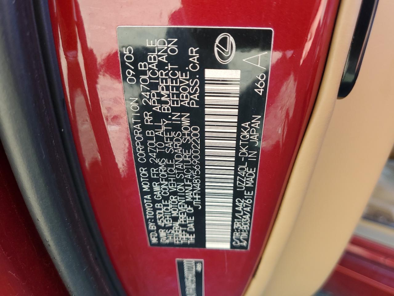 2006 Lexus Sc 430 VIN: JTHFN48Y569002200 Lot: 86682105