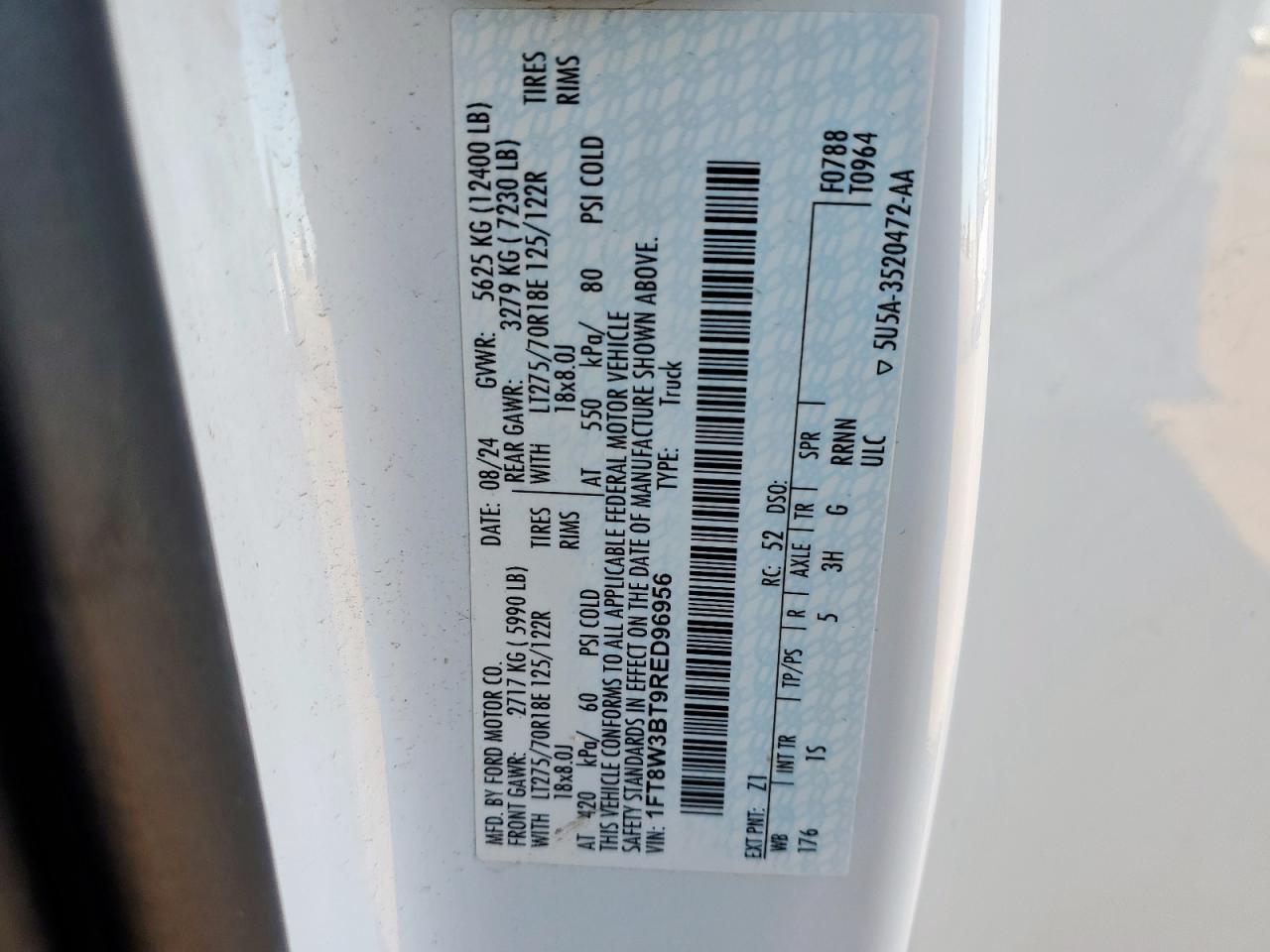 2024 Ford F350 Super Duty VIN: 1FT8W3BT9RED96956 Lot: 90217795