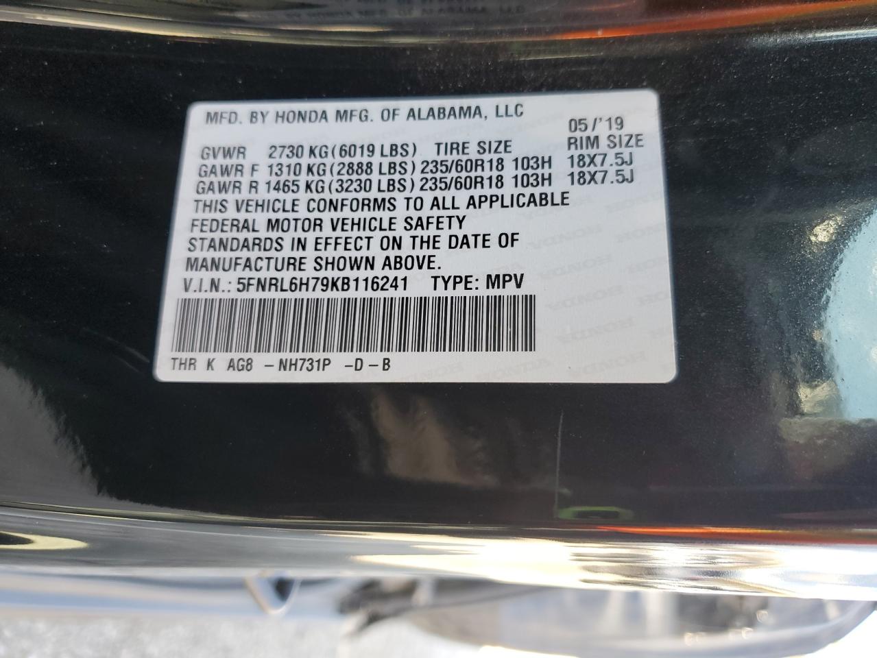 2019 Honda Odyssey Exl VIN: 5FNRL6H79KB116241 Lot: 86080195