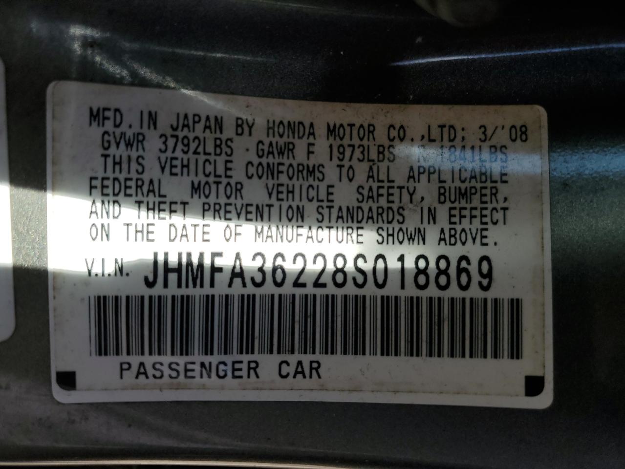 2008 Honda Civic Hybrid VIN: JHMFA36228S018869 Lot: 85105915