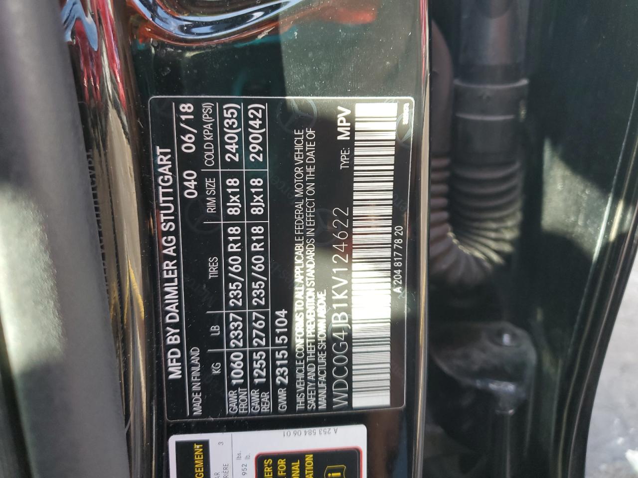 2019 Mercedes-Benz Glc 300 VIN: WDC0G4JB1KV124622 Lot: 86110105