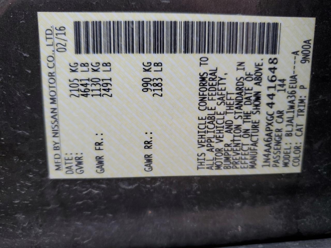 2016 Nissan Maxima 3.5S VIN: 1N4AA6APXGC441648 Lot: 86086035