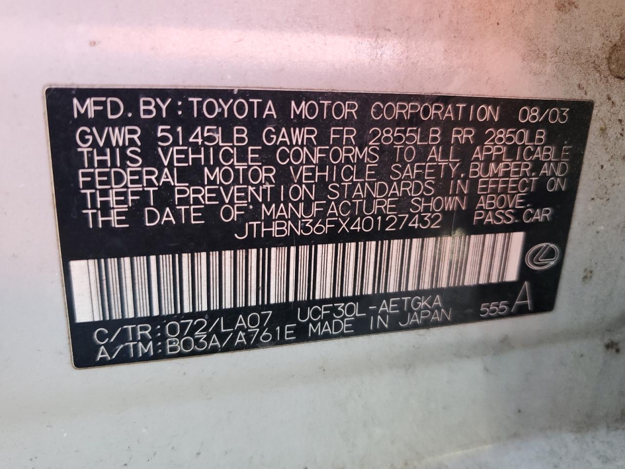 2004 Lexus Ls 430 VIN: JTHBN36FX40127432 Lot: 86629145