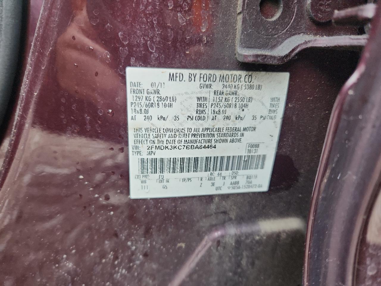 2011 Ford Edge Limited VIN: 2FMDK3KC7BBA84464 Lot: 82606805