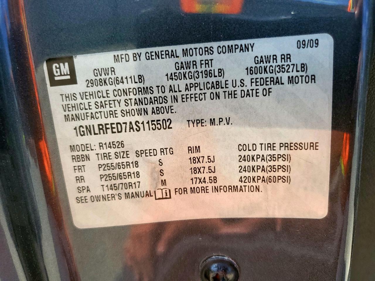2010 Chevrolet Traverse Lt VIN: 1GNLRFED7AS115502 Lot: 82004875