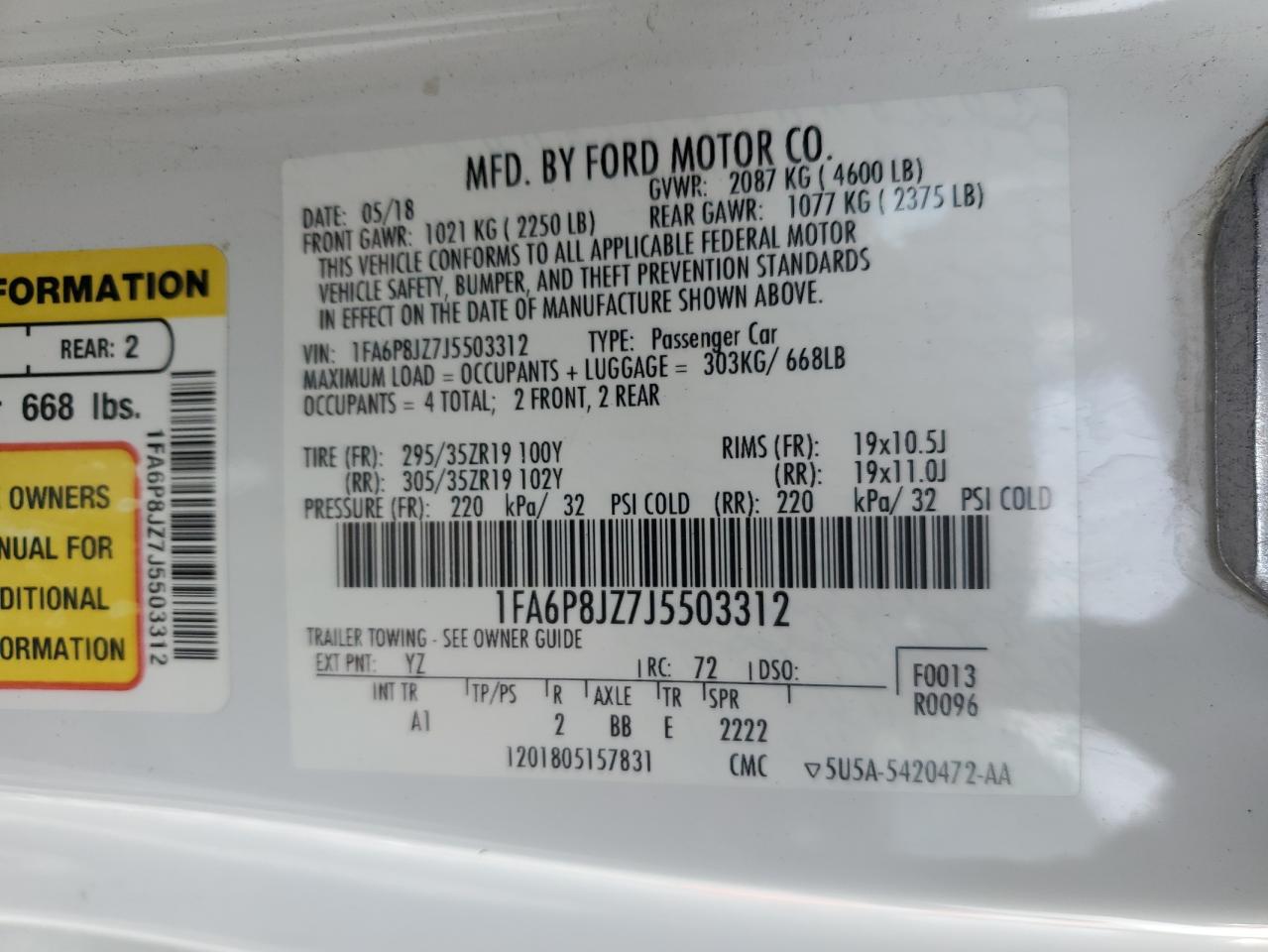 2018 Ford Mustang Shelby Gt350 VIN: 1FA6P8JZ7J5503312 Lot: 90499885