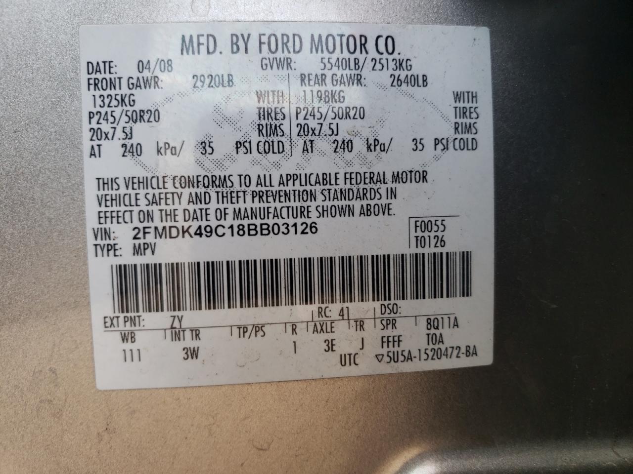 2008 Ford Edge Limited VIN: 2FMDK49C18BB03126 Lot: 85889455