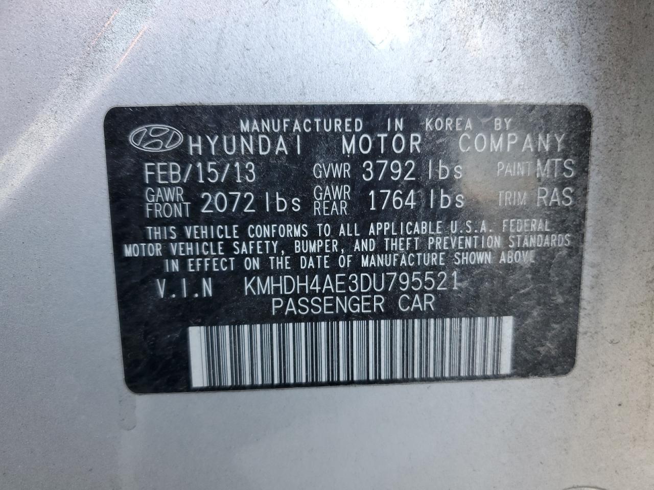 2013 Hyundai Elantra Gls VIN: KMHDH4AE3DU795521 Lot: 85587135