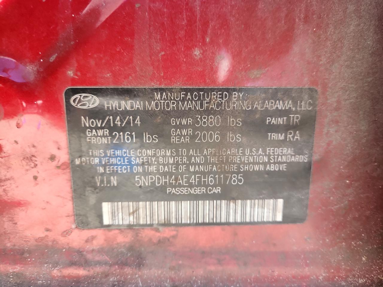 2015 Hyundai Elantra Se VIN: 5NPDH4AE4FH611785 Lot: 86518885