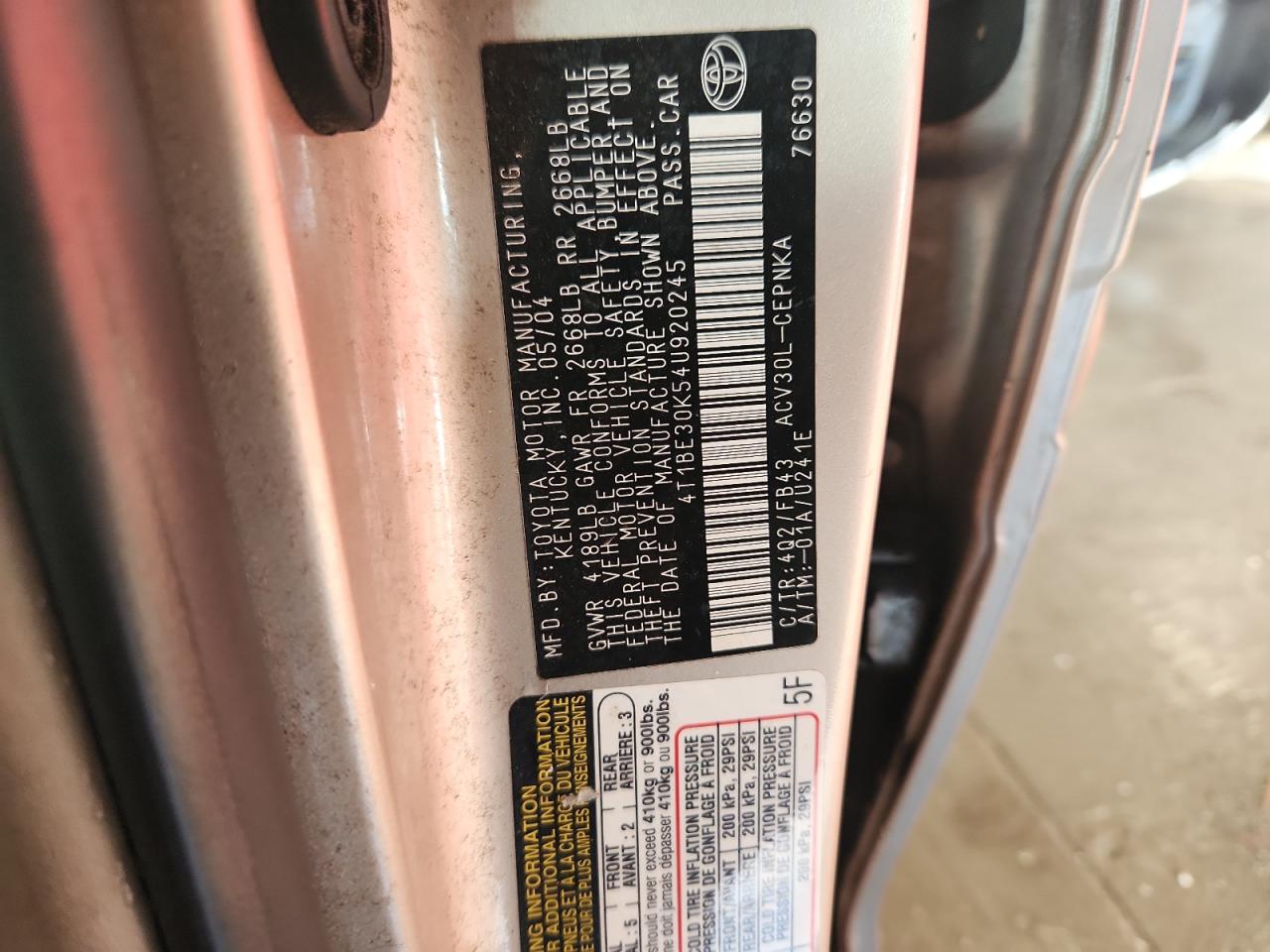 2004 Toyota Camry Le VIN: 4T1BE30K54U920245 Lot: 85114045