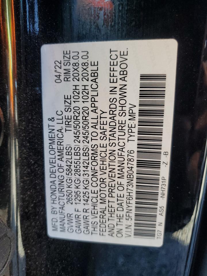 2022 Honda Pilot Black VIN: 5FNYF6H73NB047876 Lot: 82715525