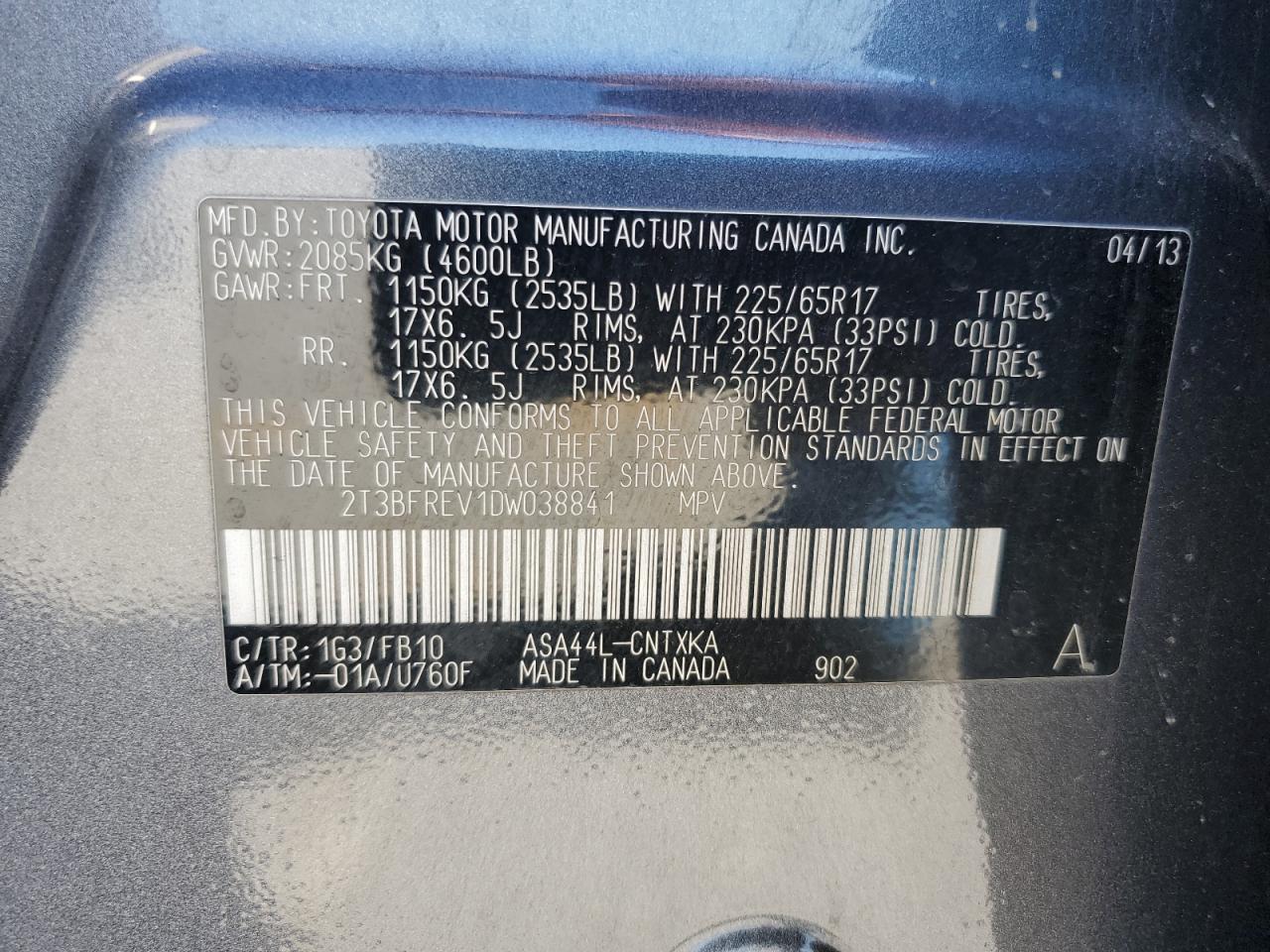 2013 Toyota Rav4 Le VIN: 2T3BFREV1DW038841 Lot: 86498435