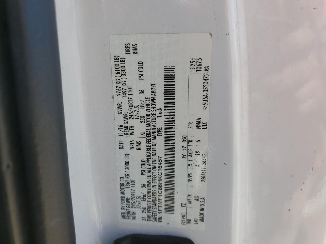 2017 Ford F150 VIN: 1FTMF1C86HKC16457 Lot: 87005745