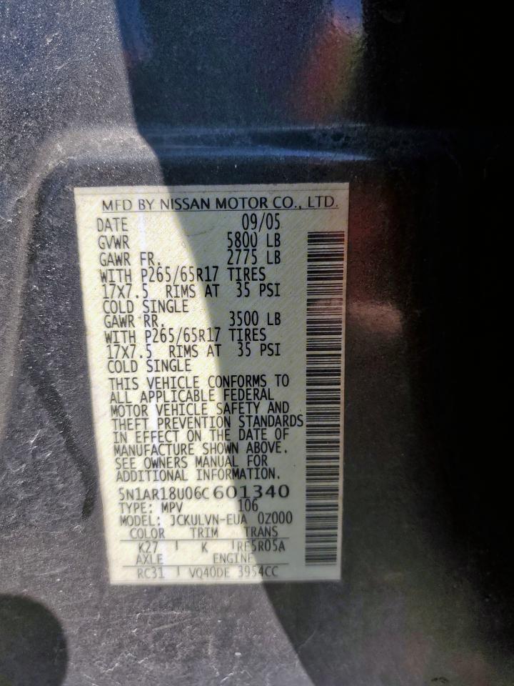 2006 Nissan Pathfinder Le VIN: 5N1AR18U06C601340 Lot: 85343565