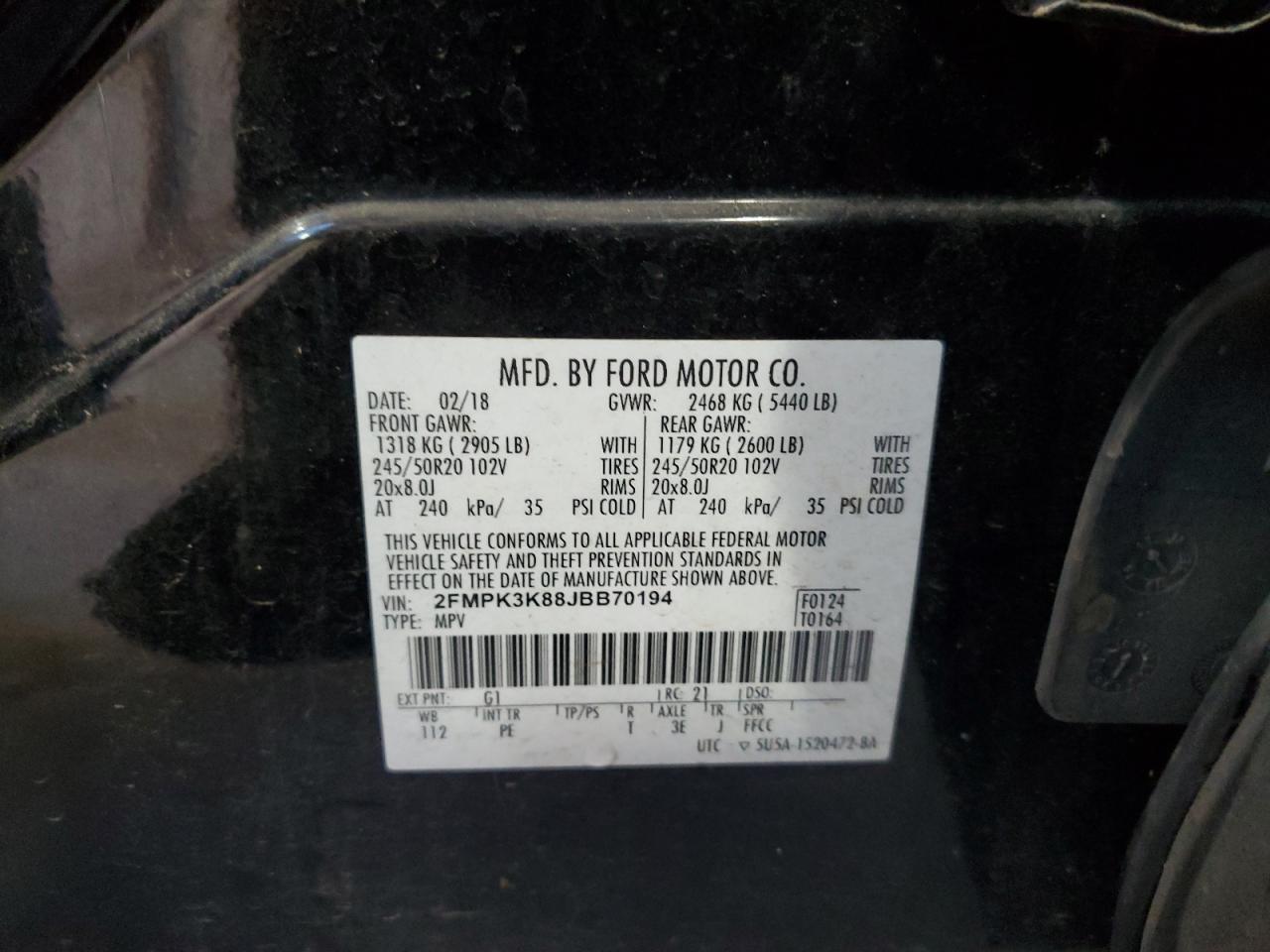 2018 Ford Edge Titanium VIN: 2FMPK3K88JBB70194 Lot: 86808845