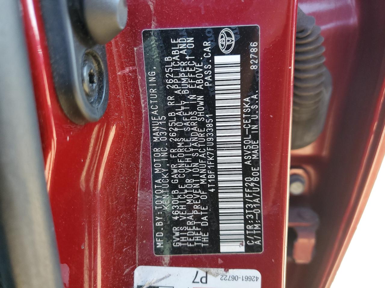 2015 Toyota Camry Le VIN: 4T1BF1FK7FU933851 Lot: 85495325