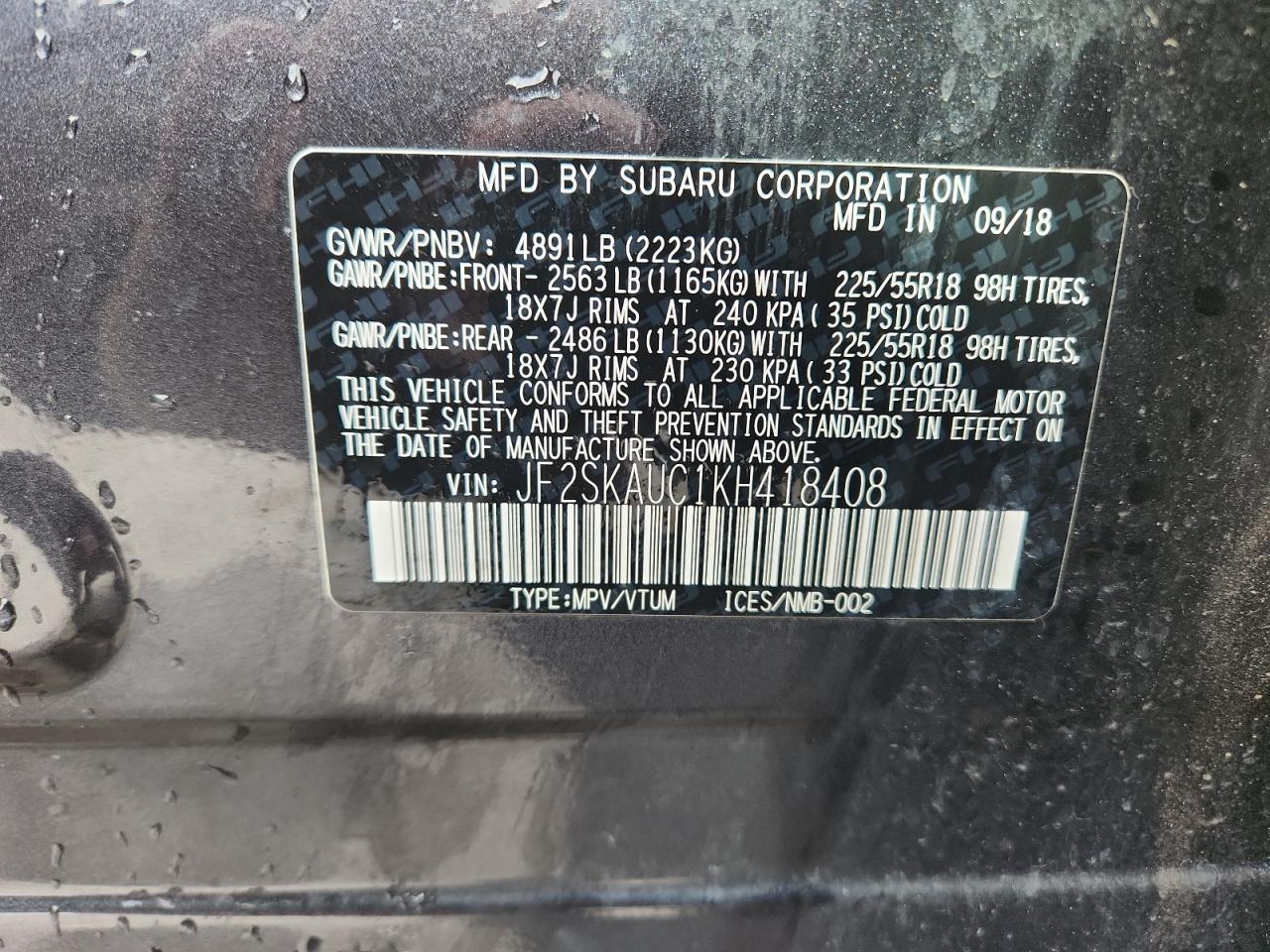 2019 Subaru Forester Limited VIN: JF2SKAUC1KH418408 Lot: 90347485