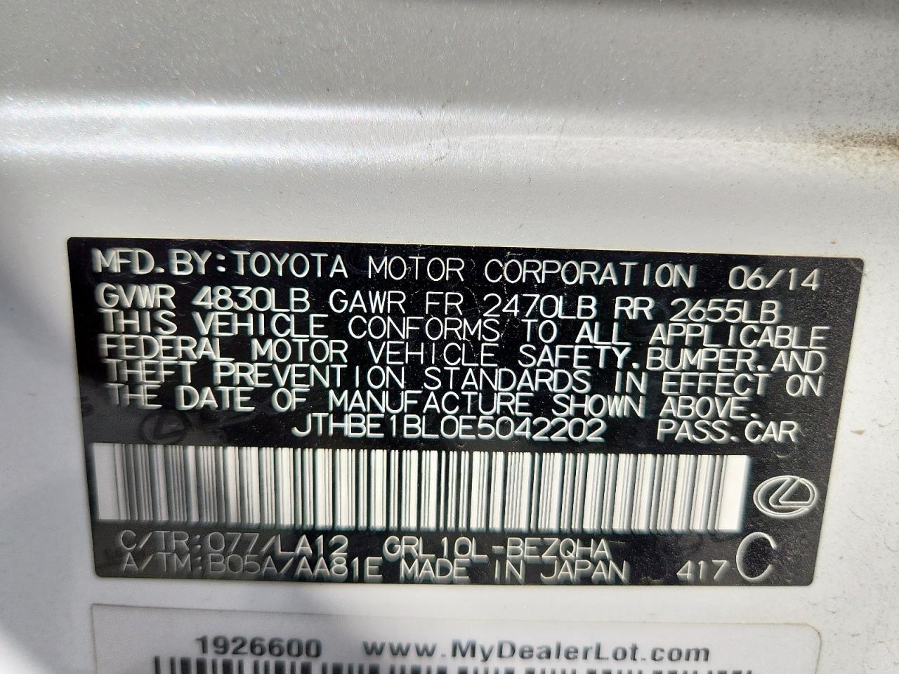 2014 Lexus Gs 350 VIN: JTHBE1BL0E5042202 Lot: 82370965