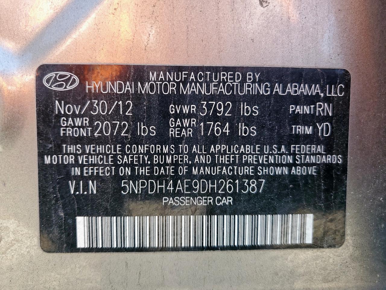 2013 Hyundai Elantra Gls VIN: 5NPDH4AE9DH261387 Lot: 82407615