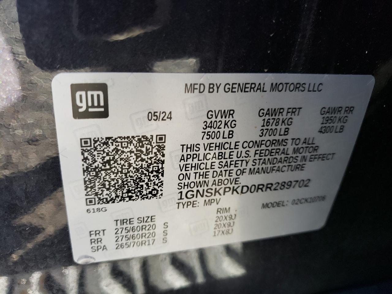 2024 Chevrolet Tahoe K1500 Z71 VIN: 1GNSKPKD0RR289702 Lot: 85598695