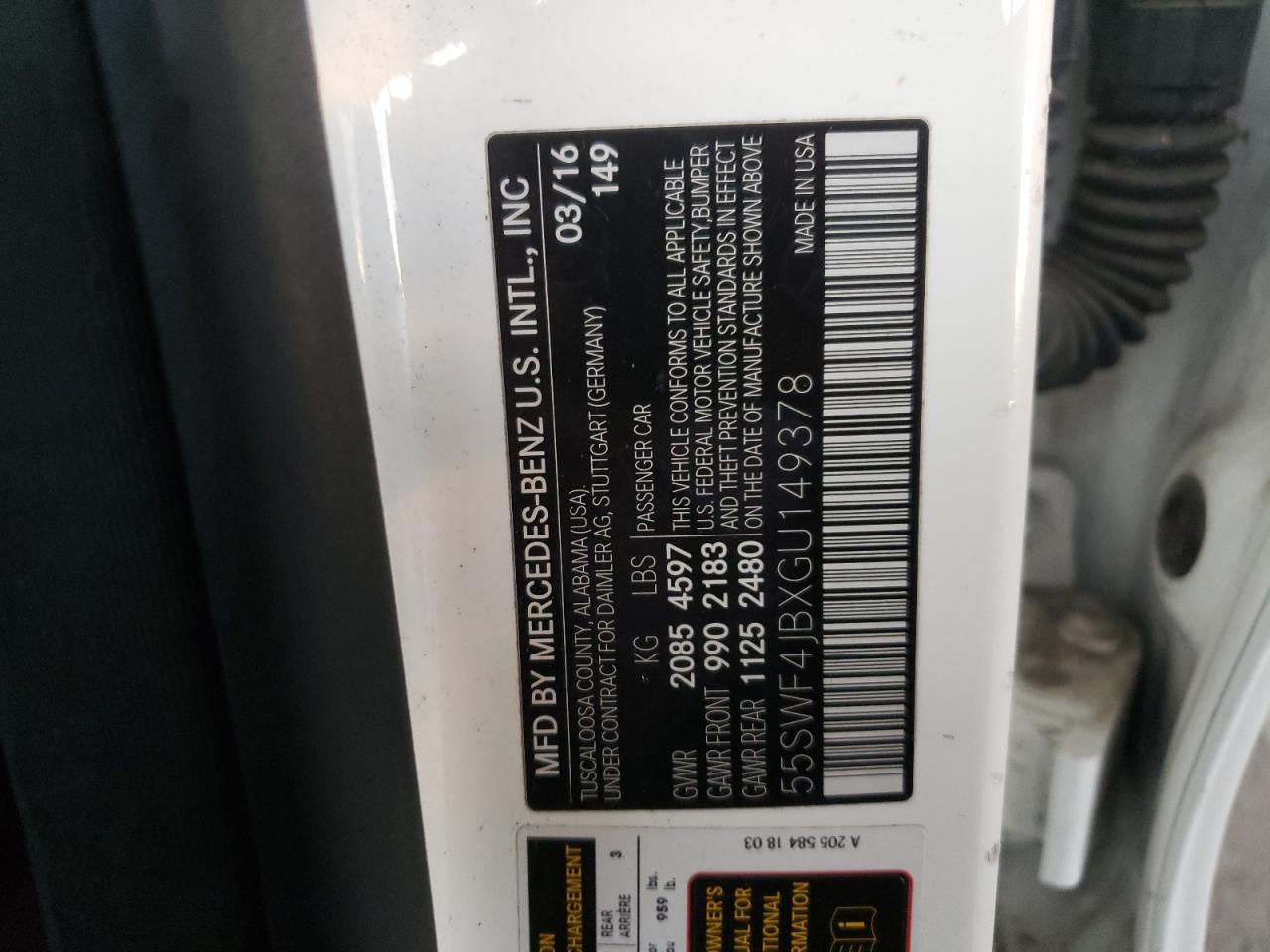 2016 Mercedes-Benz C 300 VIN: 55SWF4JBXGU149378 Lot: 87416515