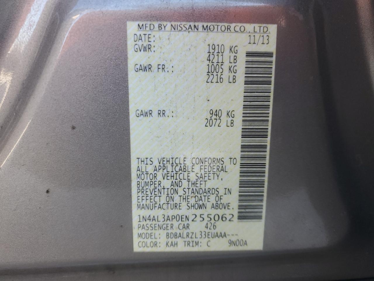 2014 Nissan Altima 2.5 VIN: 1N4AL3AP0EN255062 Lot: 87460305