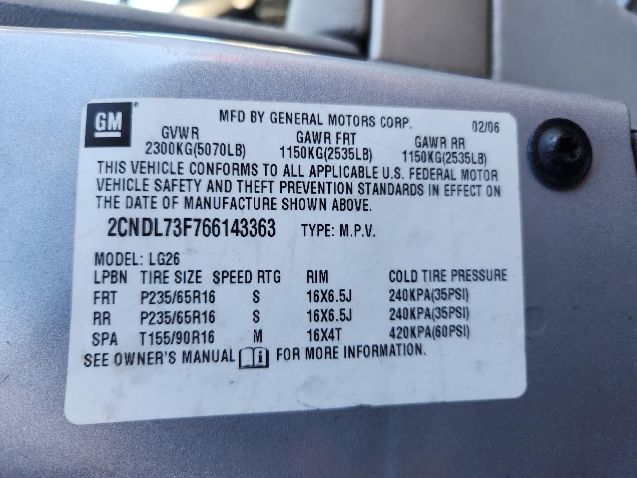 2006 Chevrolet Equinox Lt VIN: 2CNDL73F766143363 Lot: 85496805