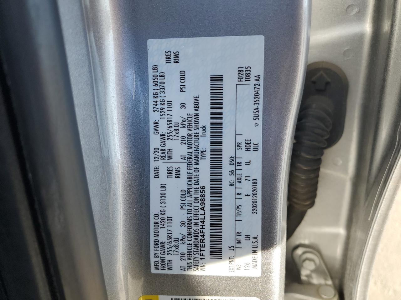 2020 Ford Ranger Xl VIN: 1FTER4FH4LLA98856 Lot: 82322065