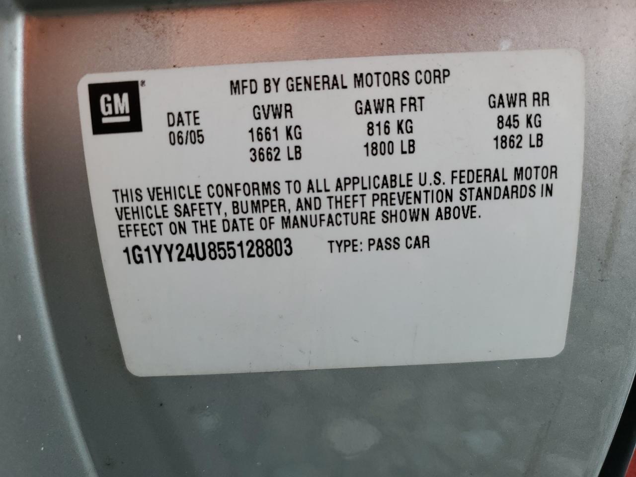 2005 Chevrolet Corvette VIN: 1G1YY24U855128803 Lot: 84360565