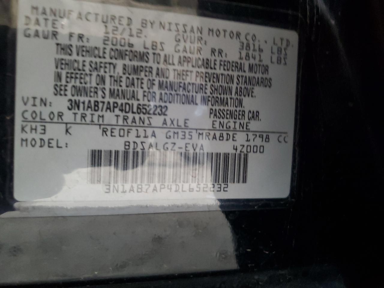 2013 Nissan Sentra S VIN: 3N1AB7AP4DL652232 Lot: 86478875