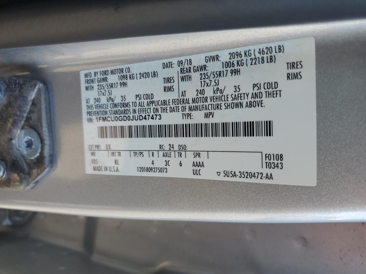 2018 Ford Escape Se VIN: 1FMCU0GD0JUD47473 Lot: 86120935