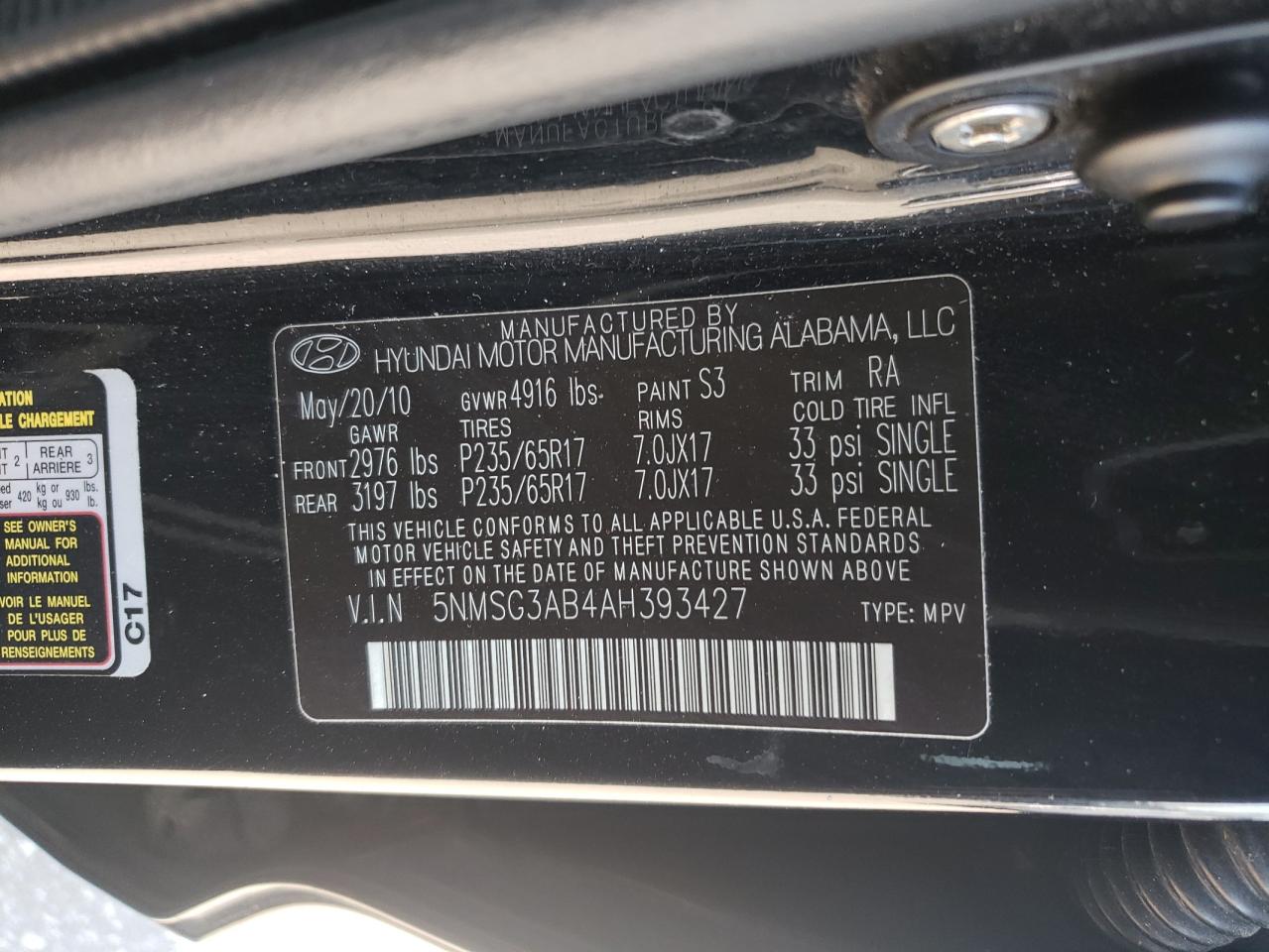 2010 Hyundai Santa Fe Gls VIN: 5NMSG3AB4AH393427 Lot: 82356455