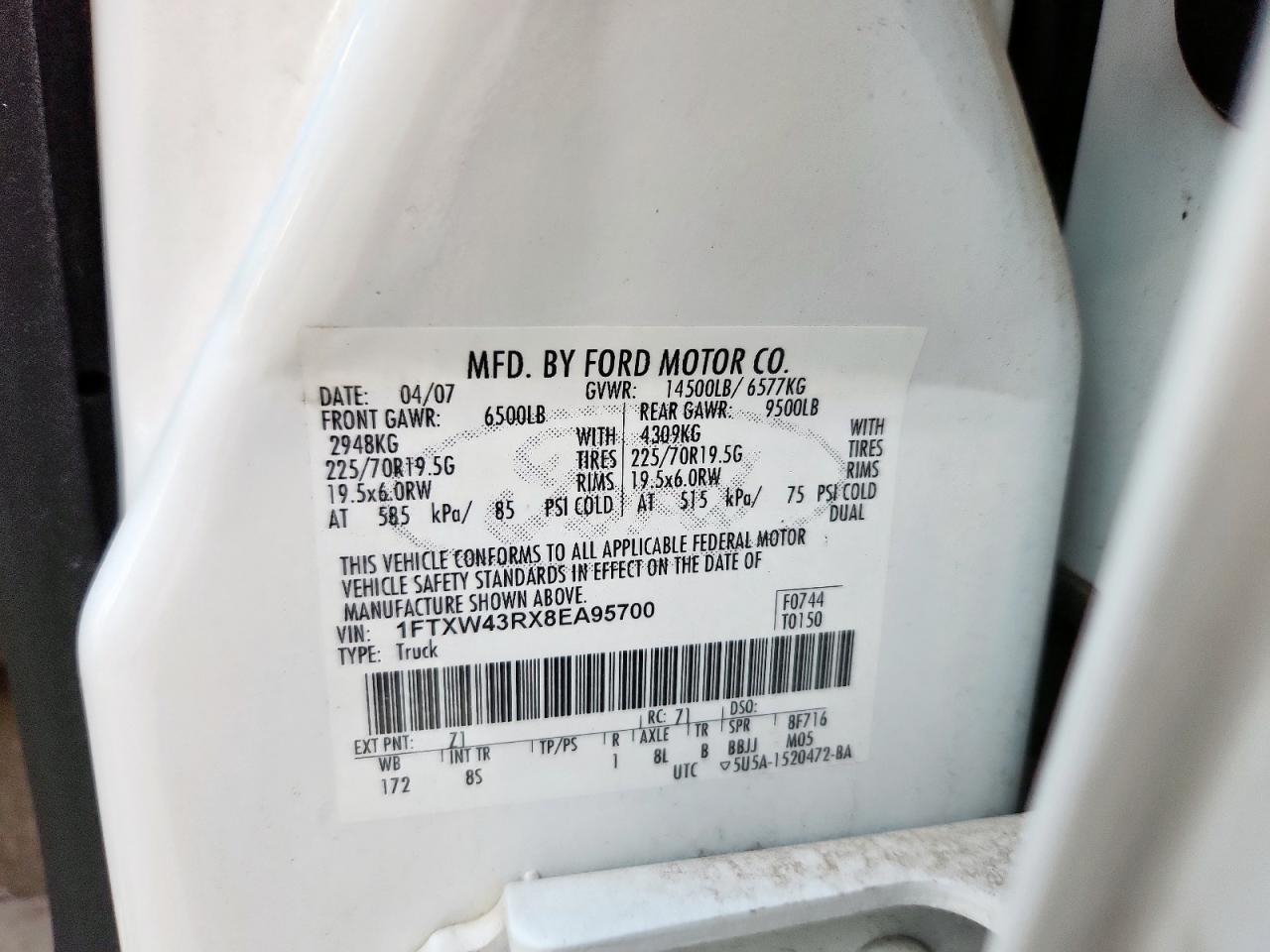 2008 Ford F450 Super Duty VIN: 1FTXW43RX8EA95700 Lot: 81275175