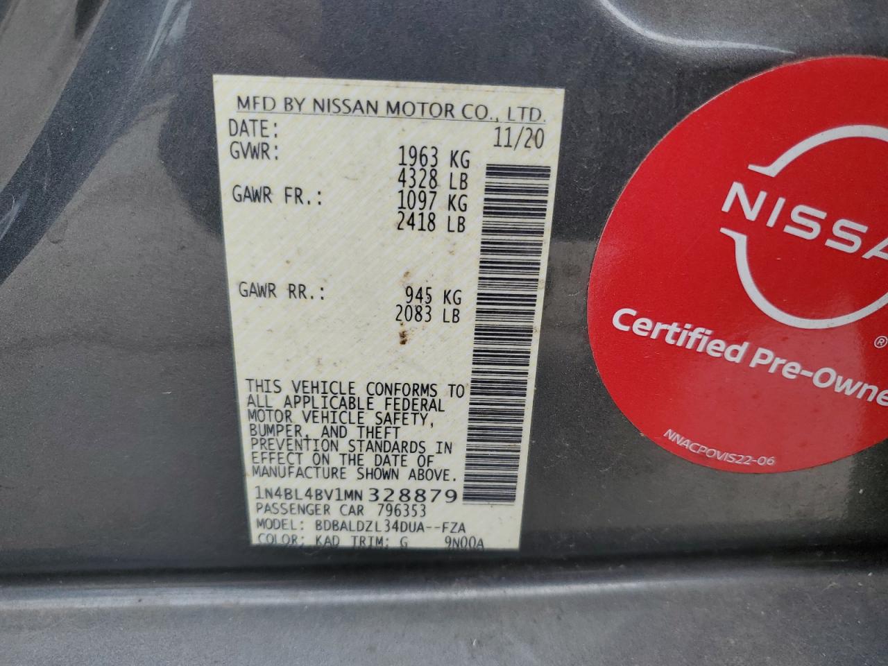 2021 Nissan Altima S VIN: 1N4BL4BV1MN328879 Lot: 82241325