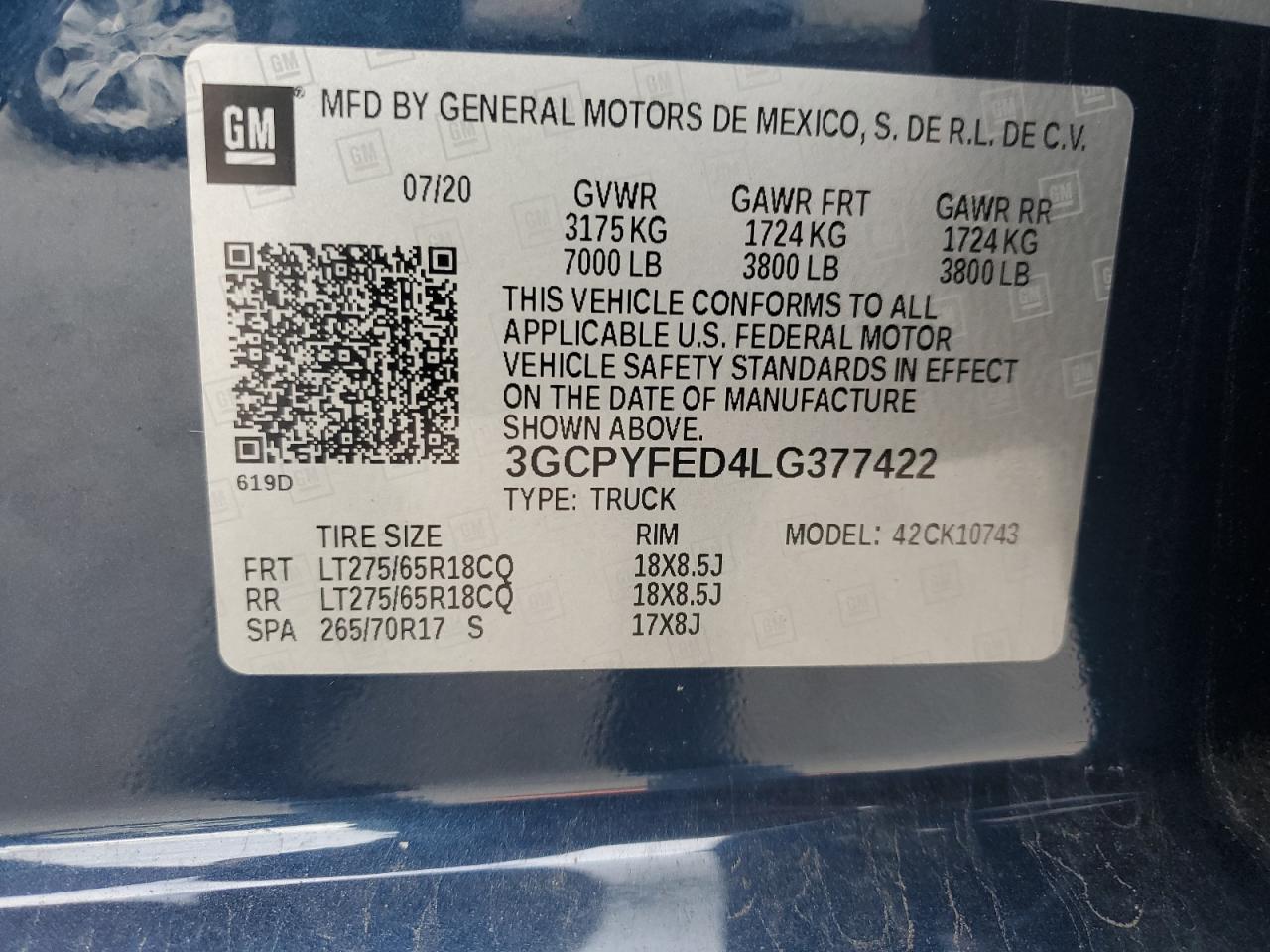 2020 Chevrolet Silverado K1500 Lt Trail Boss VIN: 3GCPYFED4LG377422 Lot: 85490225