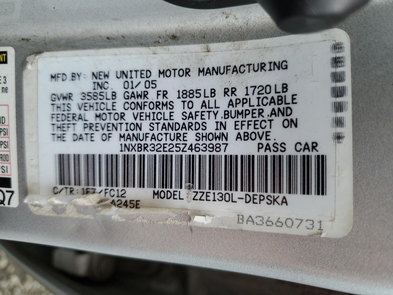 2005 Toyota Corolla Ce VIN: 1NXBR32E25Z463987 Lot: 70715425