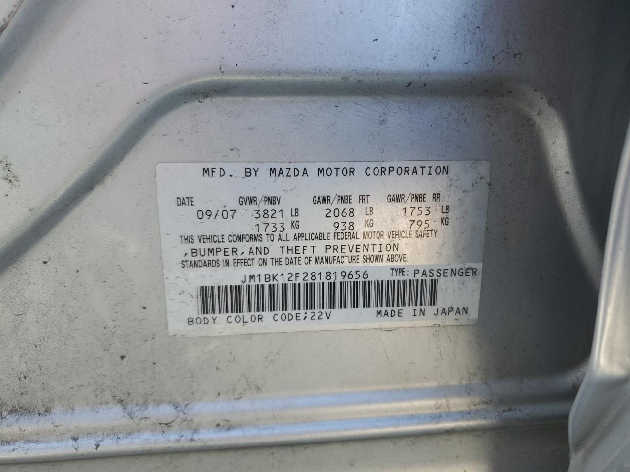 2008 Mazda 3 I VIN: JM1BK12F281819656 Lot: 86248515