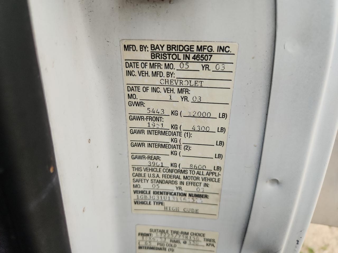 2003 Chevrolet Express G3500 VIN: 1GBJG31U131161575 Lot: 84962995