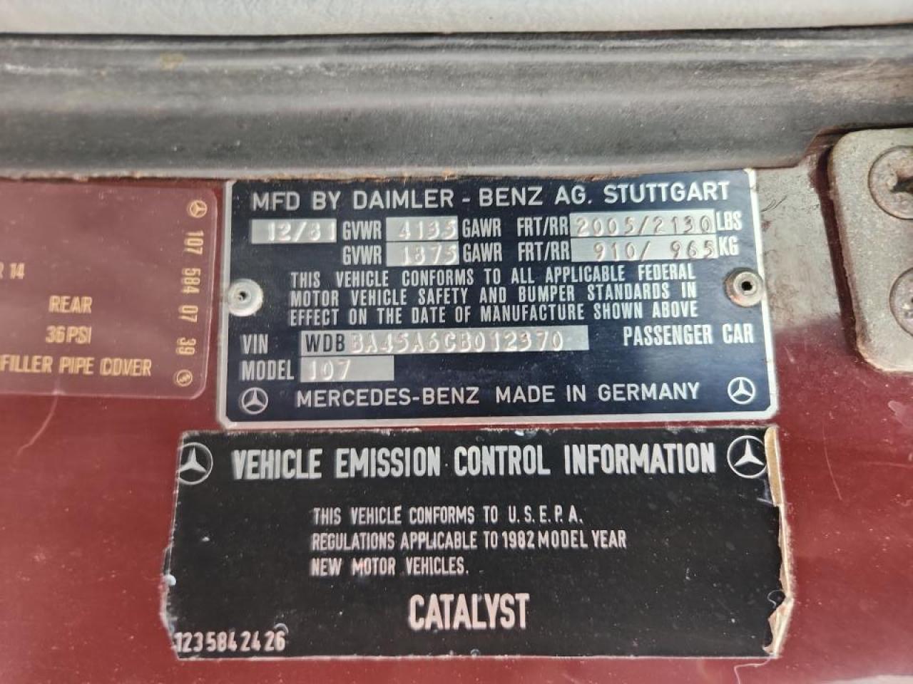 1982 Mercedes-Benz 380 Sl VIN: WDBBA45A6CB012370 Lot: 91130845