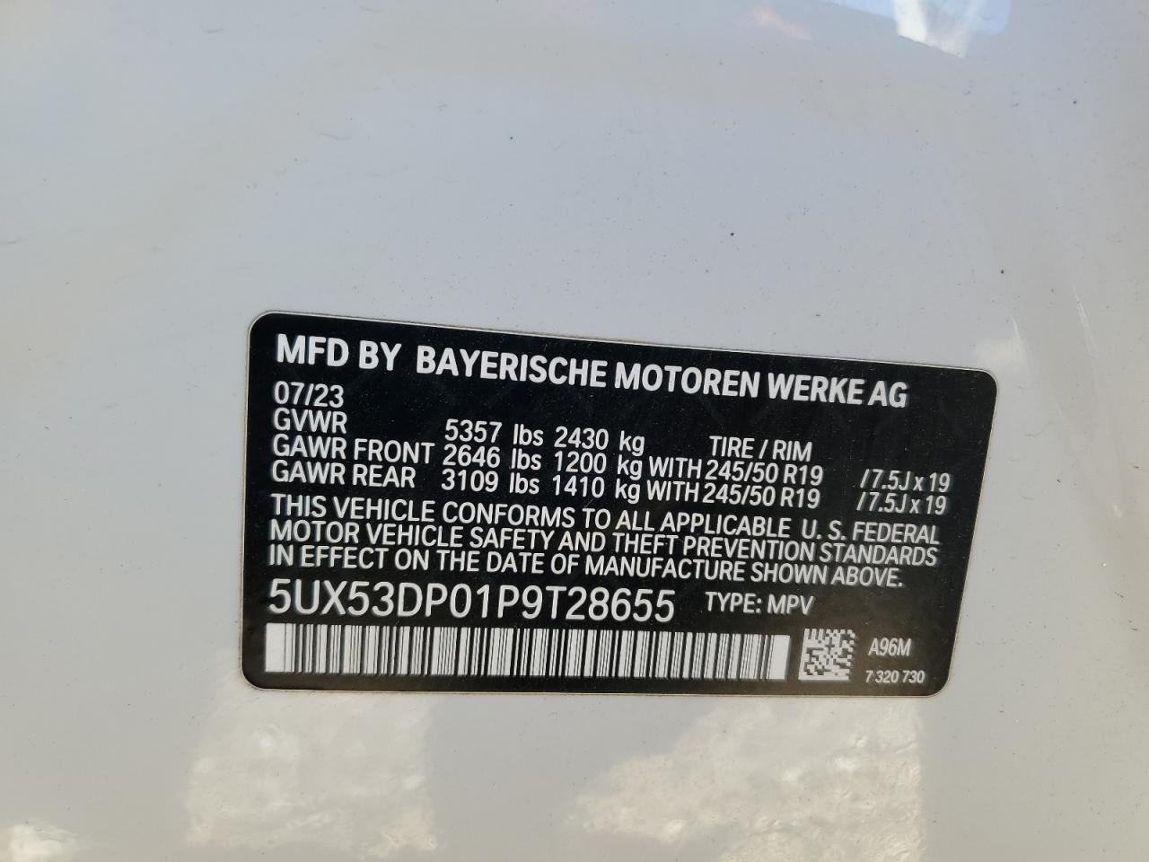 2023 BMW X3 xDrive30I VIN: 5UX53DP01P9T28655 Lot: 85733965