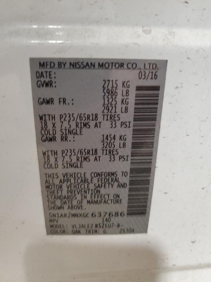 2016 Nissan Pathfinder S VIN: 5N1AR2MNXGC637686 Lot: 84928465